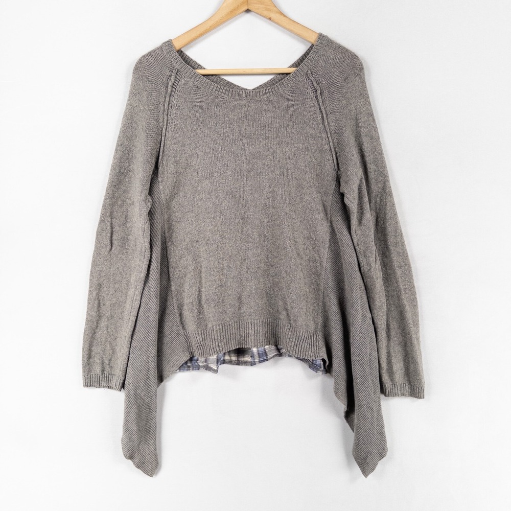 MOTH Anthropologie Sweater Sz Small Octubre Gray Plaid Flannel Back Asymmetrical